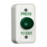 CQR AEB18 Surface Mounted Narrow Plastic Green Dome Button - Legend "Press To Exit" (LEAD TIME: 2-3 DAYS)